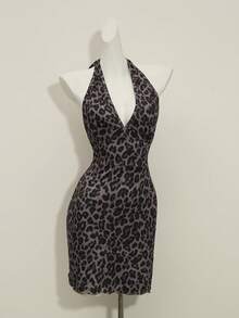 Franclia Vestido mini elegante y ajustado con cuello en V y cintura anudada con estampado de leopardo para mujer - Café integral - Ver 4