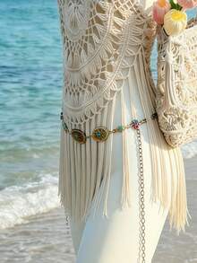 Selianne Casual Vacation Style Handmade Crochet Fringe Strap Knit Tank Top For Women, Spring/Summer - Apricot - View 3