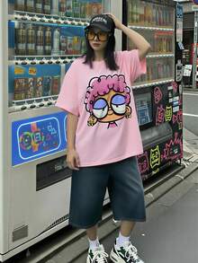 SHEIN Explorewe Teen Girl Cartoon Character Print Short Sleeve Top - Pink - View 3