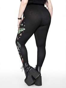 ROMWE Quần legging đen in họa tiết Gothic Thorn Witch, Butterfly, Star & Moon Magic Potion, Plant & Feather Print, Plus Size Women's Pants cho mùa Thu/Đông. - màu xanh lá - Xem 3