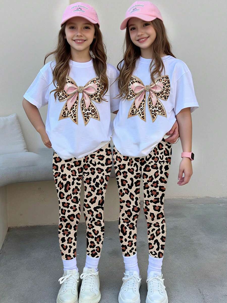 Sparklyn 2 件套青少年女孩休闲时尚水钻豹纹蝴蝶结图案短袖 T 恤和紧身裤套装，夏季 - 彩色 - 查看 1