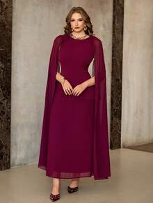 Roveilla 大码女士优雅复古中东风拼接连衣裙，圆领，腰带，喇叭下摆，喇叭袖，雪纺面料，长袖，适合春、夏、秋季穿着。 - 紫紅色 - 查看 5