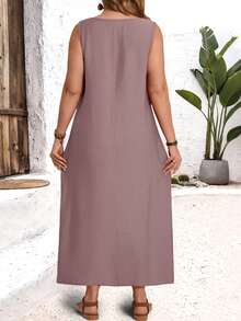 EMERY ROSE Plus Size Women's Solid Color Round Neck Sleeveless Casual Dress With Pockets/Summer/Spring/Vacation - Pink - View 2