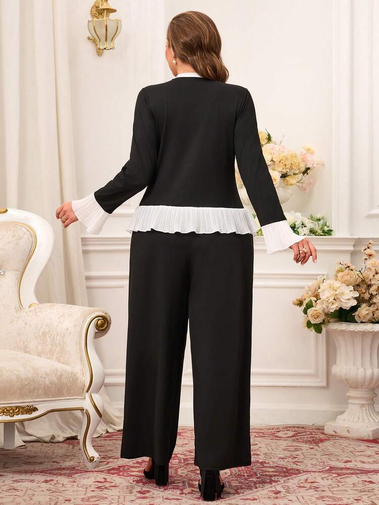 Black And White Patchwork Plus Size Elegant Knitted Long Sleeve Pants Suit With Ruffle Hem