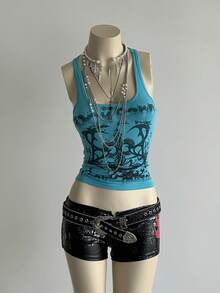 SHEIN DivaQ 女式街头亚文化字母朋克印花背心 - 藍色 - 查看 4