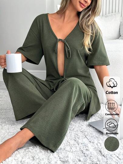 SHEIN Women COTTON FRONT BOW Detail Short Sleeved Shirt&Long Pants Homewear Comfort Lounge Set