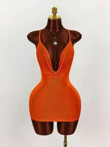 Amplova 女士时尚性感交叉露背褶皱紧身迷你连衣裙，夏季 - 橘色 - 查看 8