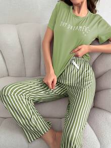 Lazeform Bộ Pyjama tay ngắn in chữ và quần dài sọc - màu xanh lá - Xem 5