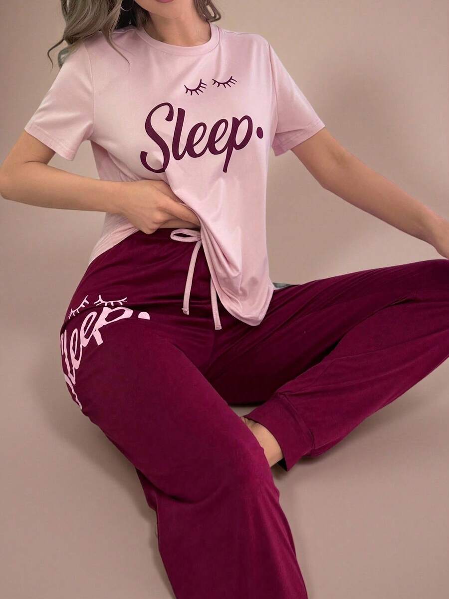 Lazeform Women's Casual Letter Print Pink And Burgundy Drawstring Pajama Set Soft Knitted Fabric PJs - Pink - View 1