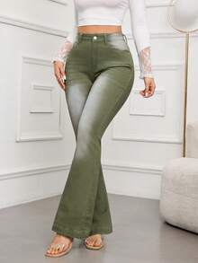 SHEIN Essnce Celana Jeans Slim Fit Modis Bergaya Retro dengan Pinggang Tinggi dan Potongan Mengembang - Hijau Tentara - View 5