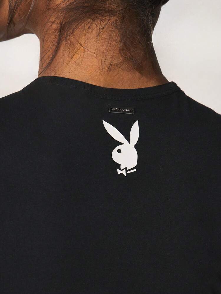 Missguided x Playboy Good Girl Printed Baby Tee And Thong Set Crop Top Short Sleeve Lounge Coordinate Ribbed Crew Neck For Valentine's Day