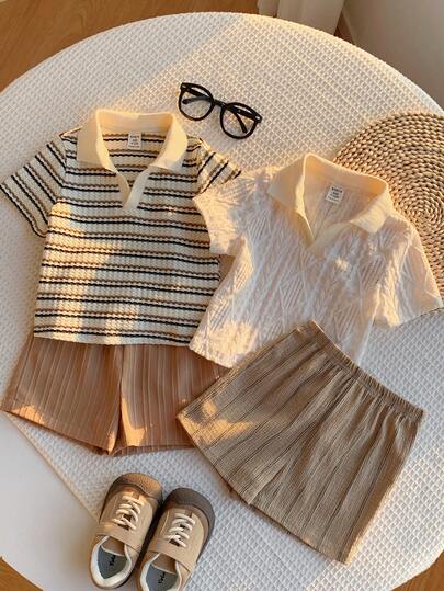 SHEIN Conjunto de 4 piezas de ropa de verano casual y unisex para bebé niño, que incluye camisa tipo polo de manga corta a rayas y pantalones cortos, adecuado para fiestas de cumpleaños, raves, fiestas de noche, actuaciones, bodas, baby shower y celebraciones del 1er cumpleaños