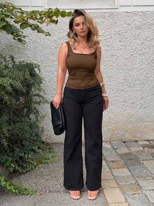 Jeta Ari Débardeur plissé à la taille, col carré, couleur unie, décontracté, pour femme, été - Tabac - Voir 6