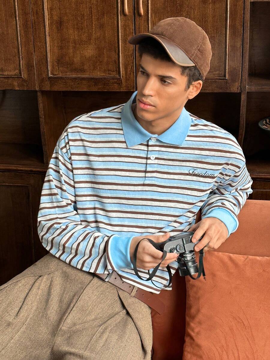 SWAVVY Men's Striped Long Sleeve Casual Commuter Polo Shirt - Blue - View 1