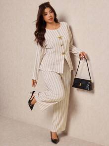 Elaquor 加大码黑色金属扣装饰长袖西装套装，正式套装，加大码办公穿着，适合秋冬季 - 杏色 - 查看 1