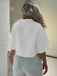Jeta Ari Camisa Cortada de Tecido Entrelaçado de Cor Sólida para Mulheres - Branco - Ver 2