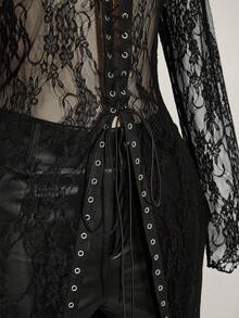 SHEIN ICON Plus Size Y2K Goth Black Autumn Night Out Club Lace Sheer Flared Long Sleeve Front Tie-Up Slim Fit Long Top Gothic Avant-Garde Urban Modern - Black - View 8