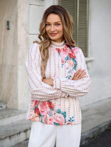 Louniche 女士优雅时尚通勤休闲舒适迷人复古浪漫假日温柔淑女长袖泡泡袖圆领宽松定位印花衬衫 - 粉色 - 查看 5