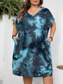 SHEIN CURVE+ Vestido casual de manga corta con cuello en V y manga de murciélago para mujer de talla grande con estampado de teñido anudado - Azul - Ver 8