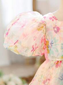 SHEIN Đầm thường ngày tay phồng bằng vải lưới họa tiết hoa nhí cho bé gái - Đỏ - Xem 12