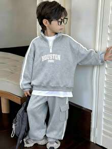 SHEIN Little Byeori 2 件套幼儿男童厚针织半拉链套头衫和裤子针织套装，加大码 - 灰色 - 查看 2