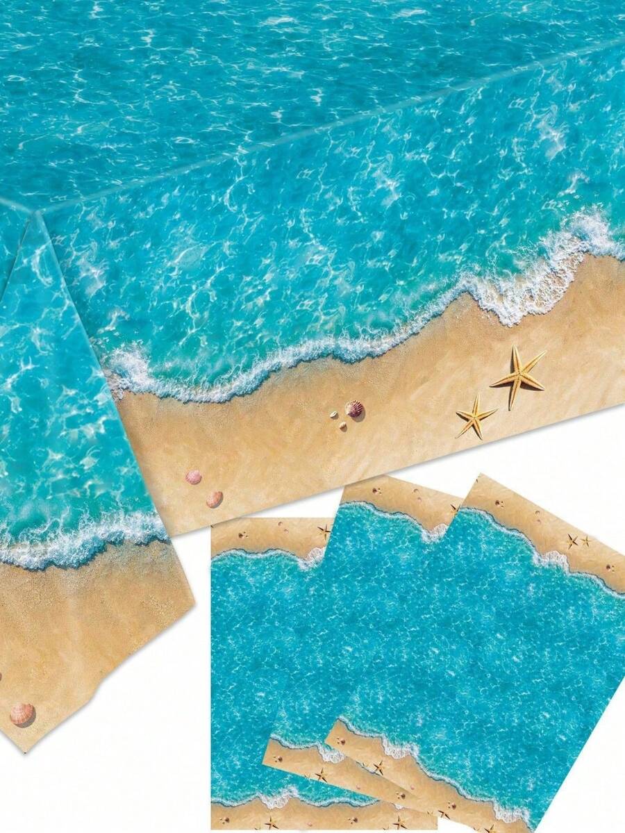 1 chiếc khăn trải bàn hình chữ nhật bằng nhựa dùng một lần họa tiết sóng biển, trang trí bàn tiệc mùa hè. - Nhiều màu - Xem 1