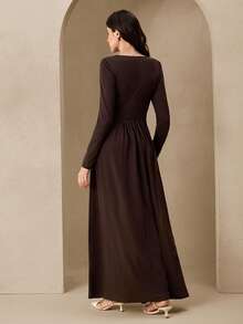 Graceveil Đầm dài màu nâu ôm dáng, cổ tròn, tay dài, chất liệu dệt kim, đa năng cho cả hoạt động ban ngày và buổi tối. - màu nâu - Xem 3