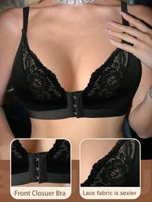SHEIN 1pc Lace Patchwork Front Closure Wireless Bra For Women - Black - View 7