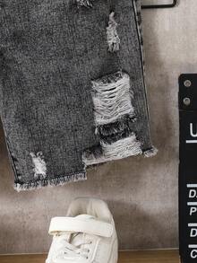 Camiseta gráfica casual y versátil con efecto desgastado para niño preadolescente, ropa de calle de moda y para exteriores - Gris Oscuro - Ver 3