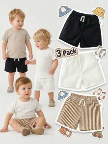 SHEIN Playful Pals 3pcs Baby Boys Toddler Infant Kids Casual Basic Simple Fashion Brown Striped Pattern And White Black Solid Color Elastic Waist Drawstring Pocket Shorts Shorts Bottoms Trousers Soft Clothes For Daily Wear School Park Play Outdoor Summer Spring Baby Summer Shorts Baby Boy Shorts Pack Toddler Boy Clothes For Summer 3 Piece Babyboy Short - Multicolor - View 9