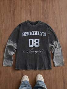 SWAVVY Áo thun nam dài tay cổ tròn, dáng thường ngày, màu đen phối đen, cổ áo bo gân, thích hợp cho mùa xuân/thu. - màu đen - Xem 1