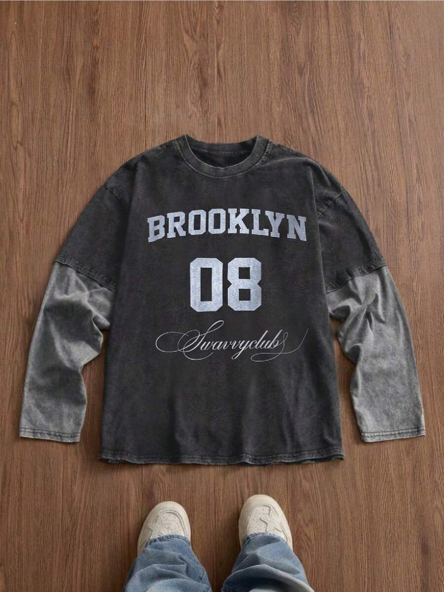 SWAVVY Áo thun nam dài tay cổ tròn, dáng thường ngày, màu đen phối đen, cổ áo bo gân, thích hợp cho mùa xuân/thu. - màu đen - Xem 1