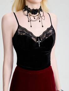 Breakform Women's Gothic Sexy Lace Trim & Metal Cross Decor Velvet Camisole, Fitted Short Crop Top - Black - View 3