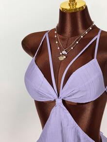 Amplova 女士纯色腰部镂空荷叶边性感吊带迷你连衣裙 - 淡紫色 - 查看 4