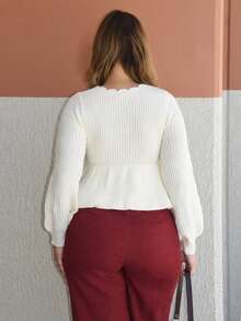 Arliah Scallop Trim Tie Front Peplum Sweater,Long Sleeve Tops,Knitted Sweater In Fall/Winter - Beige - View 2