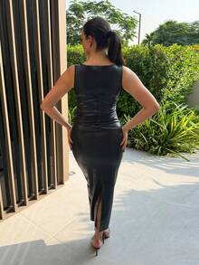 MDEdit Sleeveless PU Leather Long Bodycon Dress For Women - Black - View 2