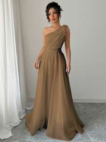 Modelyn 复古法式浪漫不对称领口荷叶边连衣裙 - 棕色 - 查看 6