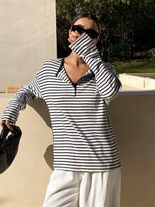 Livesso Women's Striped Round Neck Button Half Placket Casual Versatile Commuting Long Sleeve T-Shirt - Navy Blue - View 3