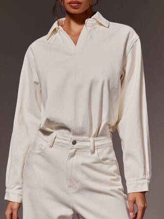 Athîral Women's Solid Color Minimalist Long Sleeve Top And Jeans Set, Casual Everyday Wear