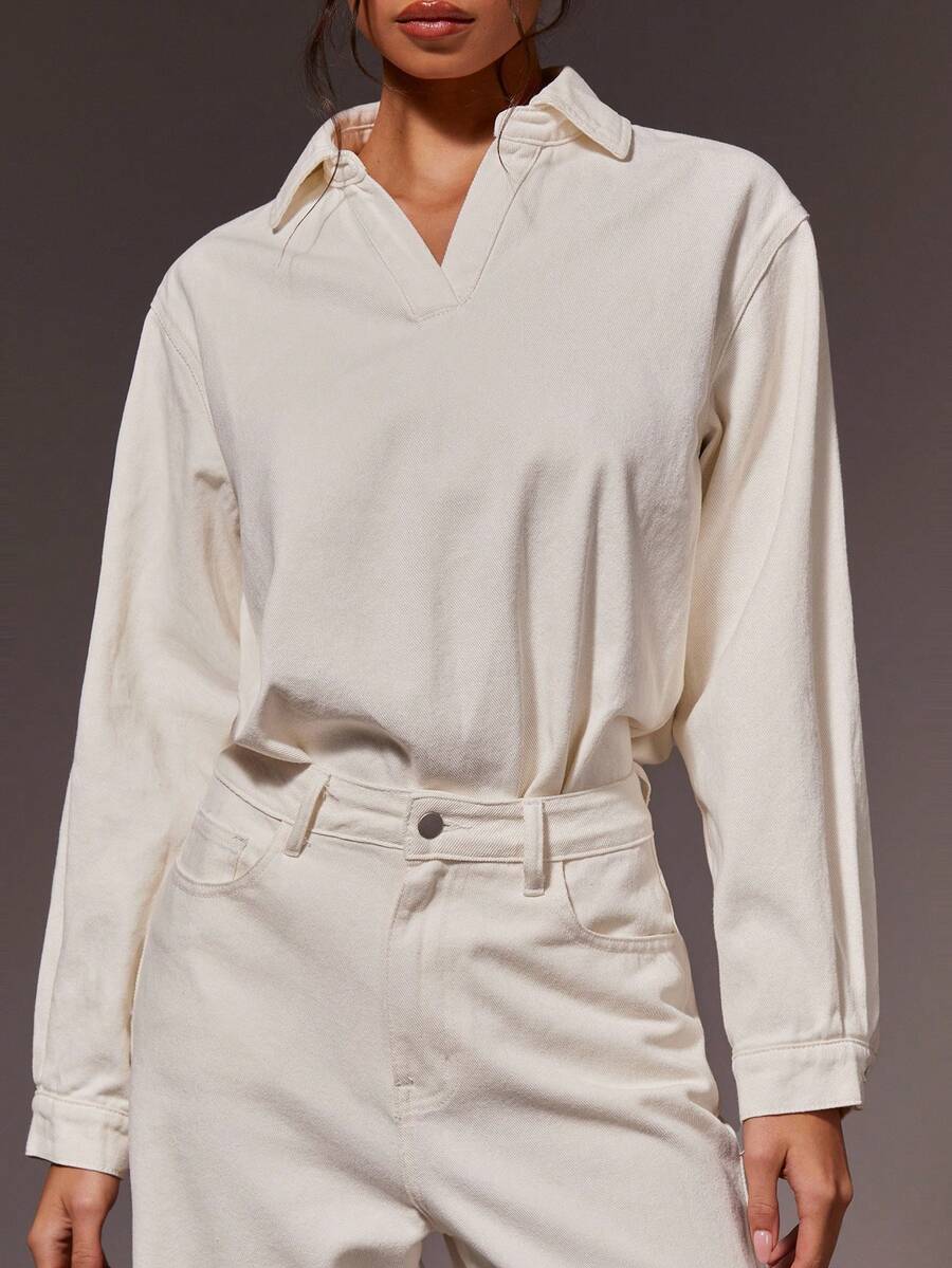 Athîral Denim Women's Solid Color Minimalist Long Sleeved Top And Jeans Set,Off-White,Autumn,Casual,Everyday Versatile Relaxed Street Date Party Holiday Outfits - White - View 1