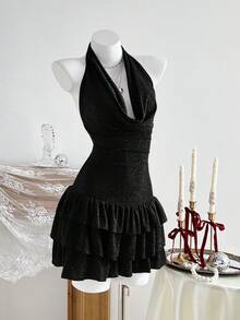 Elamini Women's Shiny Sexy Halter Deep Draped Neck Mini Dress - Black - View 7