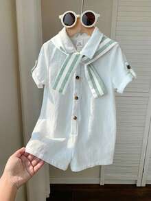 男女宝宝休闲学院风纯色短袖衬衫，条纹披肩领连体短裤，适合春夏穿着，室内外皆可。 - 彩色 - 查看 6