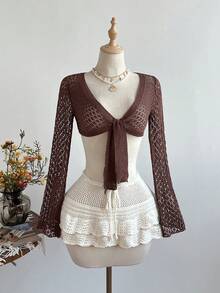 Elamini Áo khoác cardigan nữ màu nâu khoét rỗng, xuyên thấu, buộc dây, mỏng nhẹ, gợi cảm, thích hợp cho mùa hè đi biển. - màu nâu - Xem 5