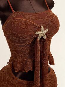 Zestiva 3件套女士夏季纯色蕾丝面料挂脖泳衣，饰有海星图案和多层裙摆 - 棕色 - 查看 6