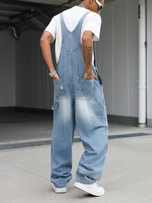 Manfinity EMRG Men's Casual Distressed Patch Chest Strap Denim Overalls, Blue Striped - Light Wash - View 2