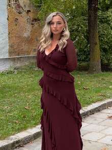 Jeta Ari Autumn Romantic Ruffled Long Sleeve Maxi Dress, Elegant For Dating, Travel, Autumn Loungewear, Suitable For Valentine's Day, Bows, Elegant Women's Dresses, Holiday Dresses, Formal Dresses For Women, Midi Dresses For Women, Summer Dresses, Mesh, Sheer Sleeves, Casual Dresses, Wedding Dresses For Ladies, , Birthday Dresses  Summer, Autumn - Brown - View 5