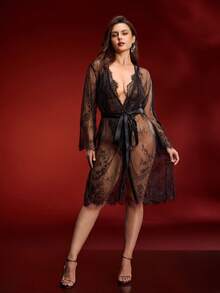 Spicy Aura Plus Size Women Lace Lingerie Bodysuit Cardigan Jacket, Charming & Sexy Mature Homewear Set - Black - View 2