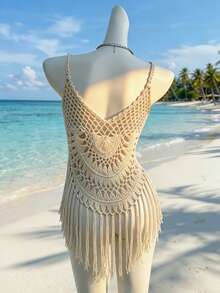 Selianne Casual Vacation Style Handmade Crochet Fringe Strap Knit Tank Top For Women, Spring/Summer - Apricot - View 2