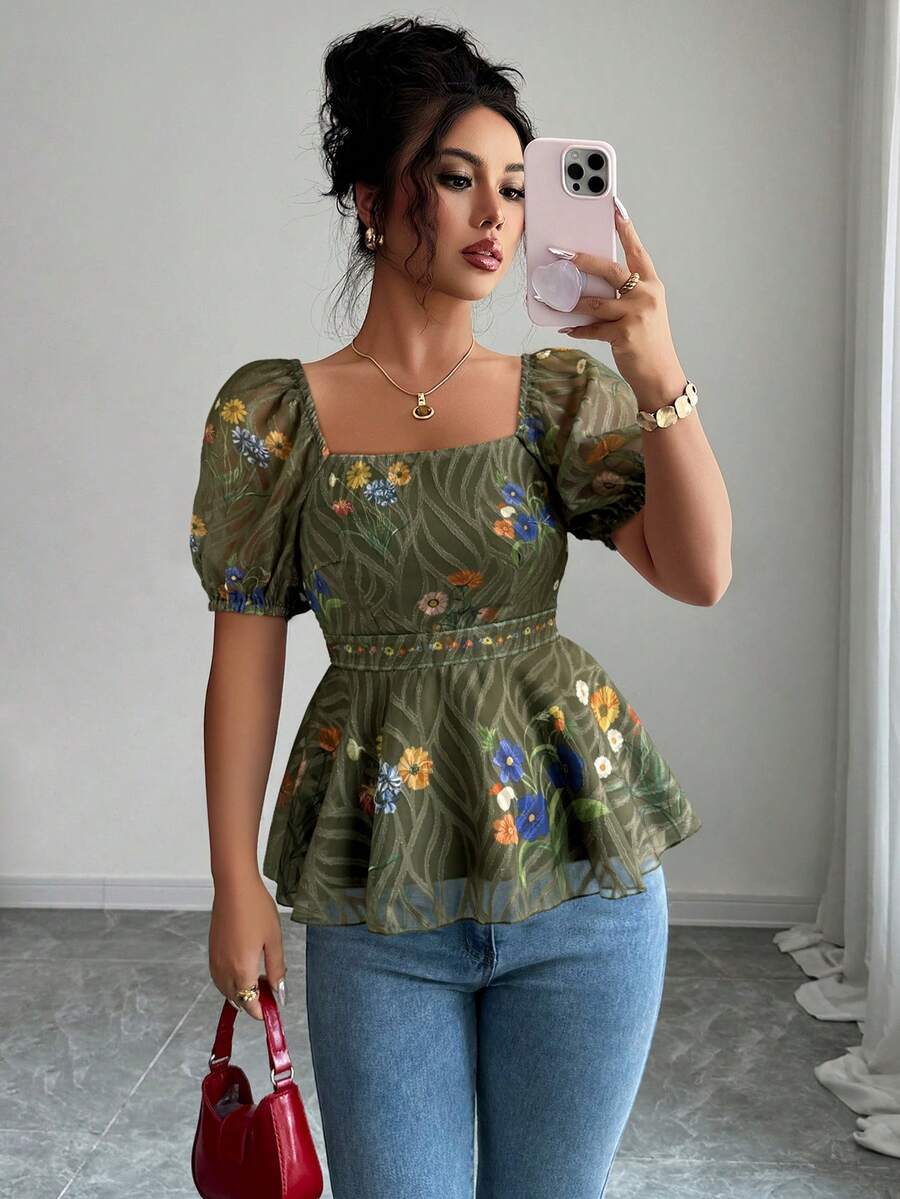 Elenzga Áo kiểu nữ thời trang in hoa, cổ vuông, tay phồng, viền bèo - Nhiều màu - Xem 1