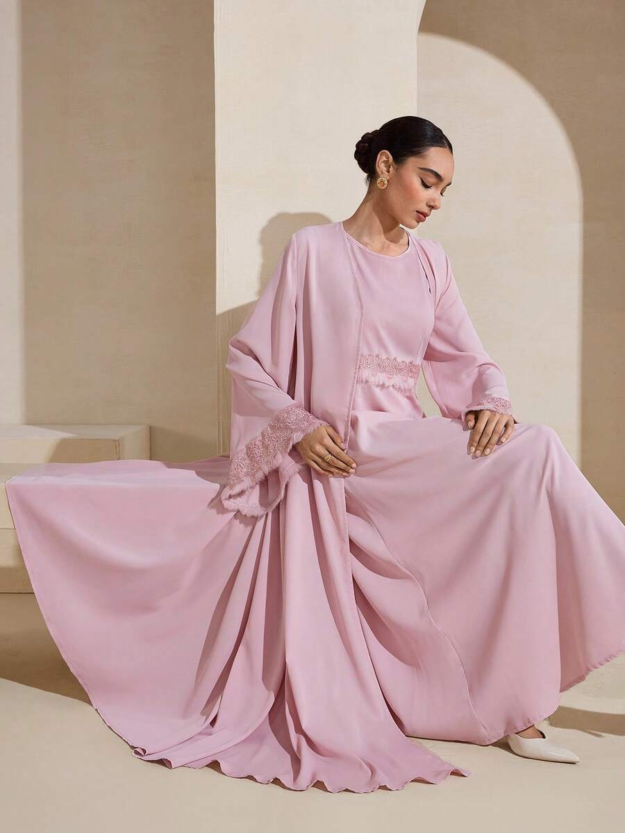 Graceveil V-Neck Ribbon & Feather Patchwork Long Sleeve Flared Women's Arabic Style Outfit Set - Pink - View 1